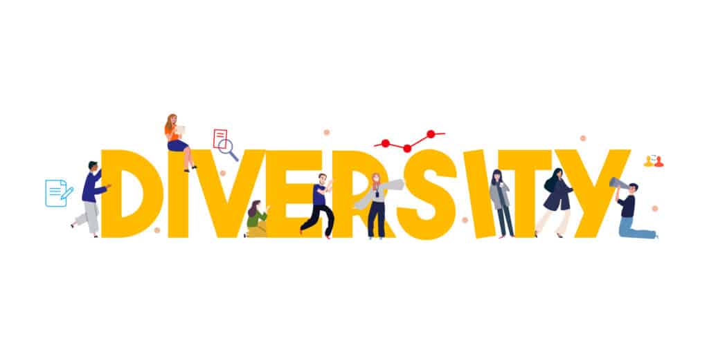The word Diversity written along with showing multicultural people standing side by side with the letters