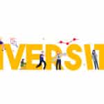 The word Diversity written along with showing multicultural people standing side by side with the letters